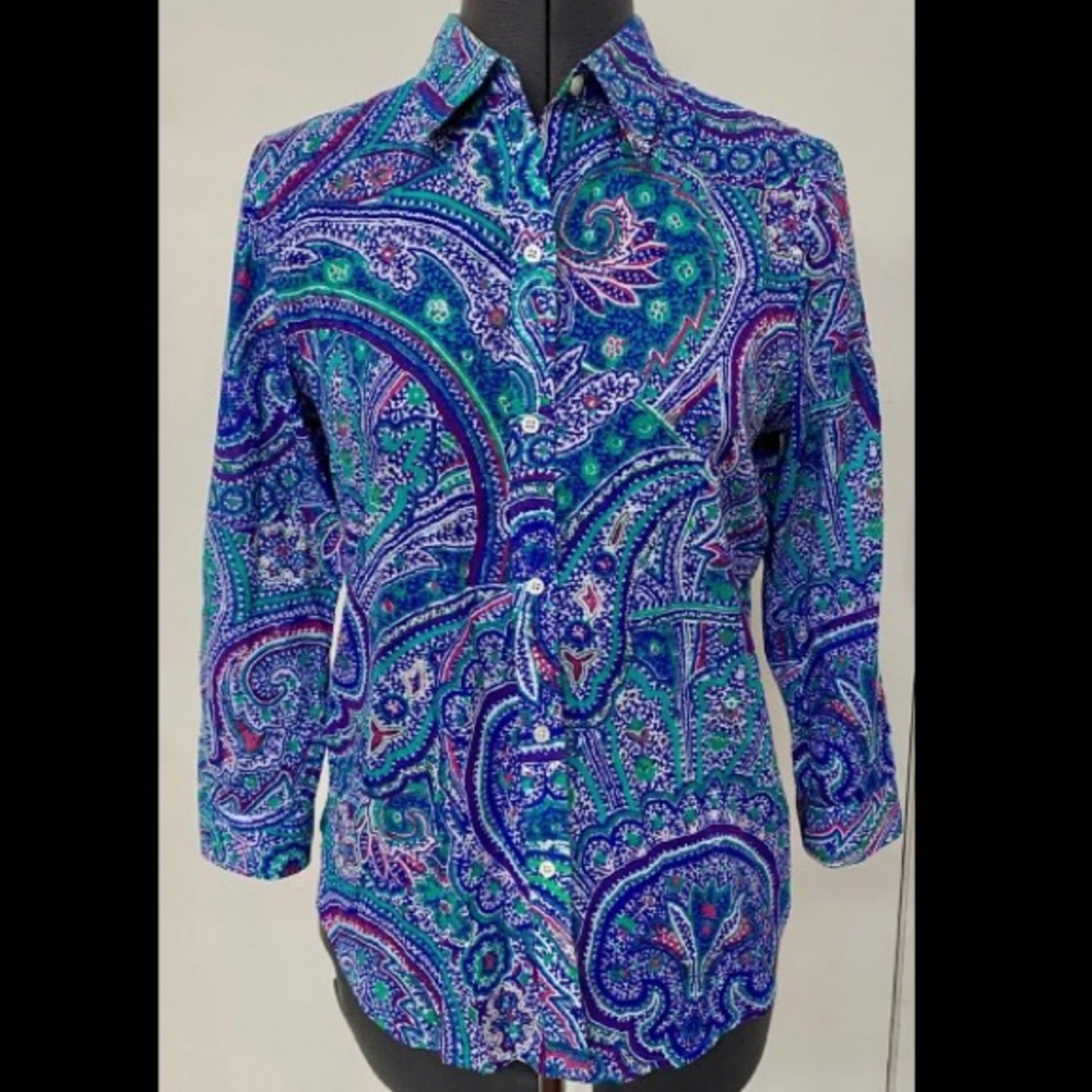 PREPPY LAUREN Ralph Lauren LADIES LIGHTWEIGHT COTTON BLOUSE TOP BLUE PAISLEY S